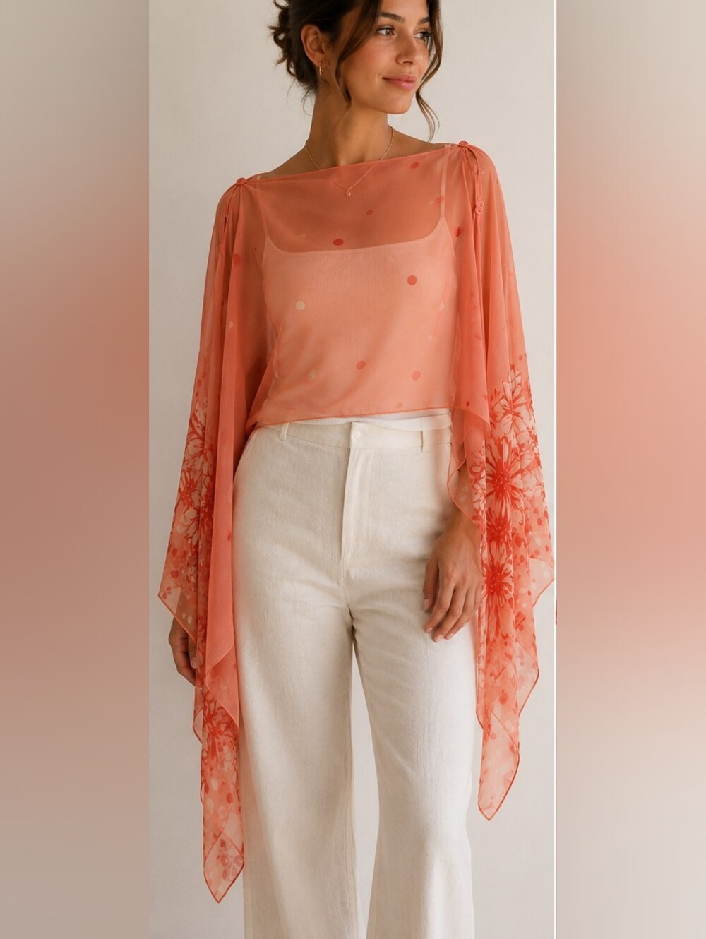 sheer coral pink floral polka dot scarf top / shrug / poncho - one size